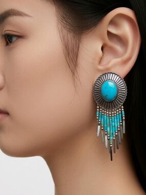 NAVAJO Turquoise Fringe Drop Earrings with Silver-Tone Accents